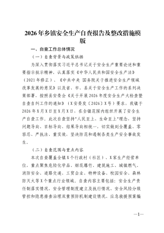 2026年乡镇安全生产自查报告及整改措施模版