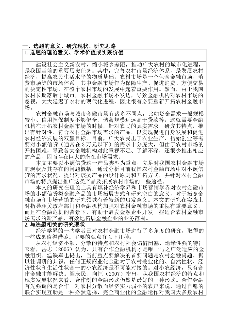 农村市场小额贷款营销策略研究分析  市场营销专业  开题报告_第1页
