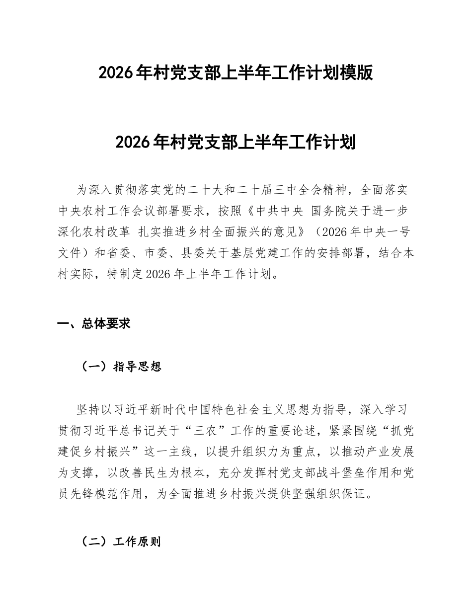 2026年村党支部上半年工作计划模版_第1页
