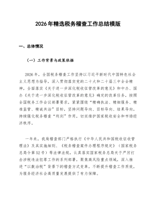 2026年精选税务稽查工作总结模版