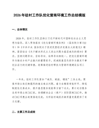 驻村工作队营商环境工作总结模版