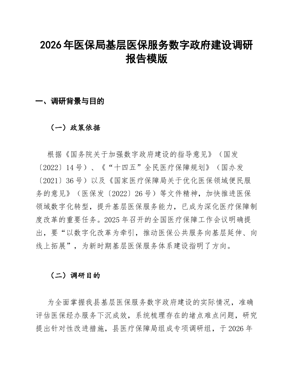 医保局基层医保服务数字政府建设调研报告模版_第1页