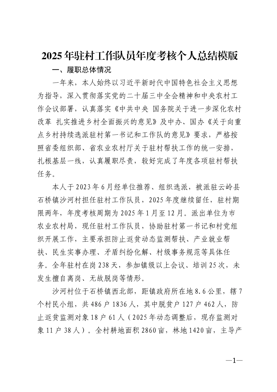 2025年驻村工作队员年度考核个人总结模版_第1页