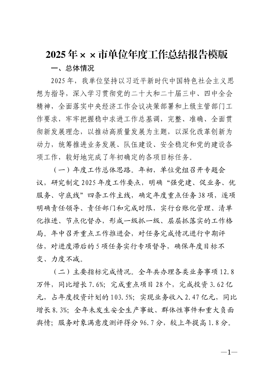 2025年××市单位年度工作总结报告模版_第1页