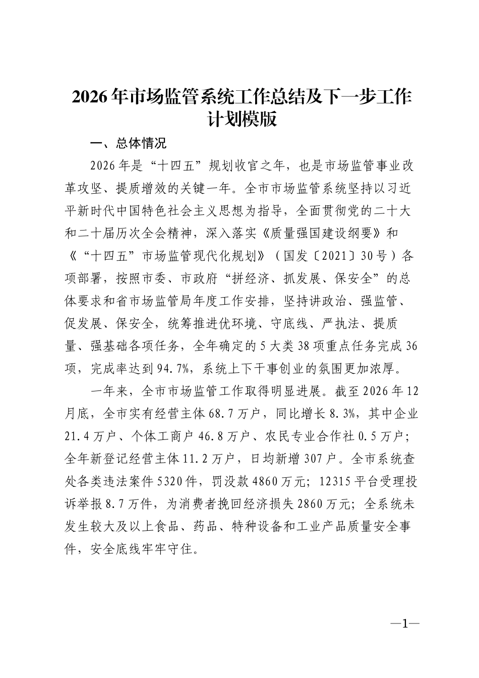 2026年市场监管系统工作总结及下一步工作计划模版_第1页