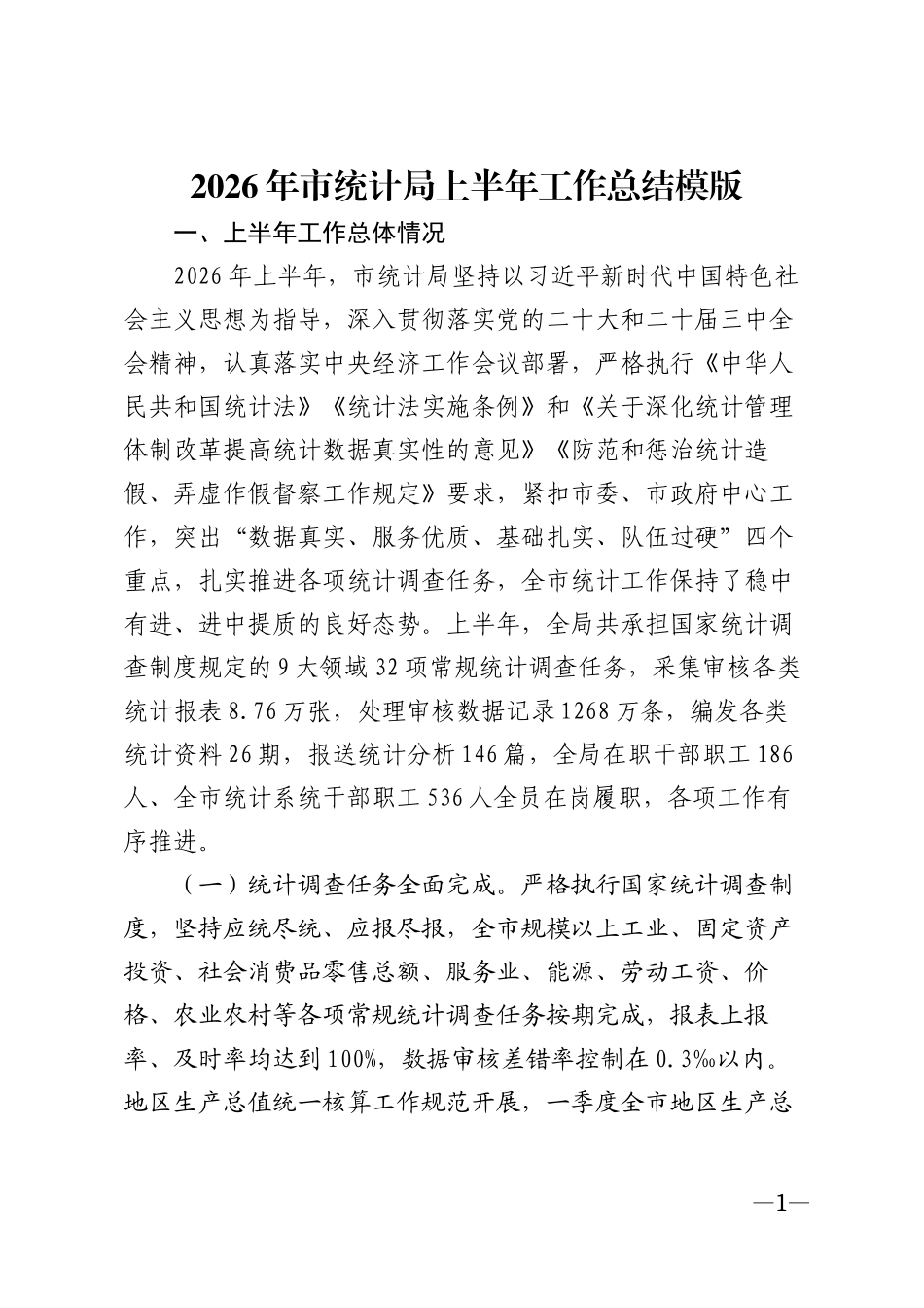 2026年市统计局上半年工作总结模版_第1页